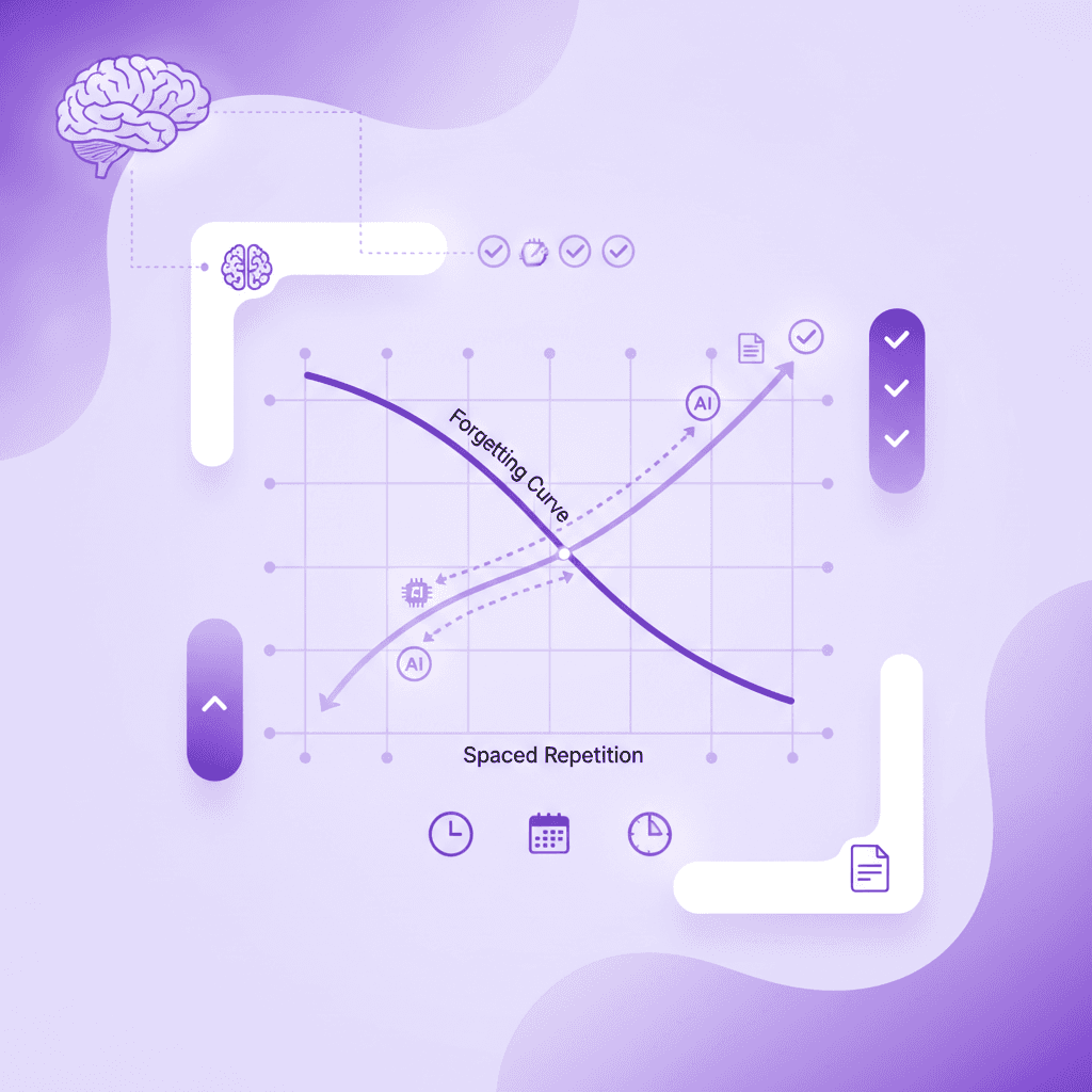 A line graph demonstrating the "Forgetting Curve," showing a steep drop in memory retention over time, contrasted with a second line showing memory retention staying high through the use of spaced rep
