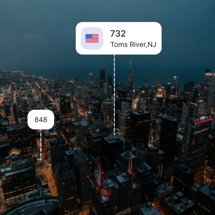 City skyline of Toms River showing the 732 area code and surrounding area codes