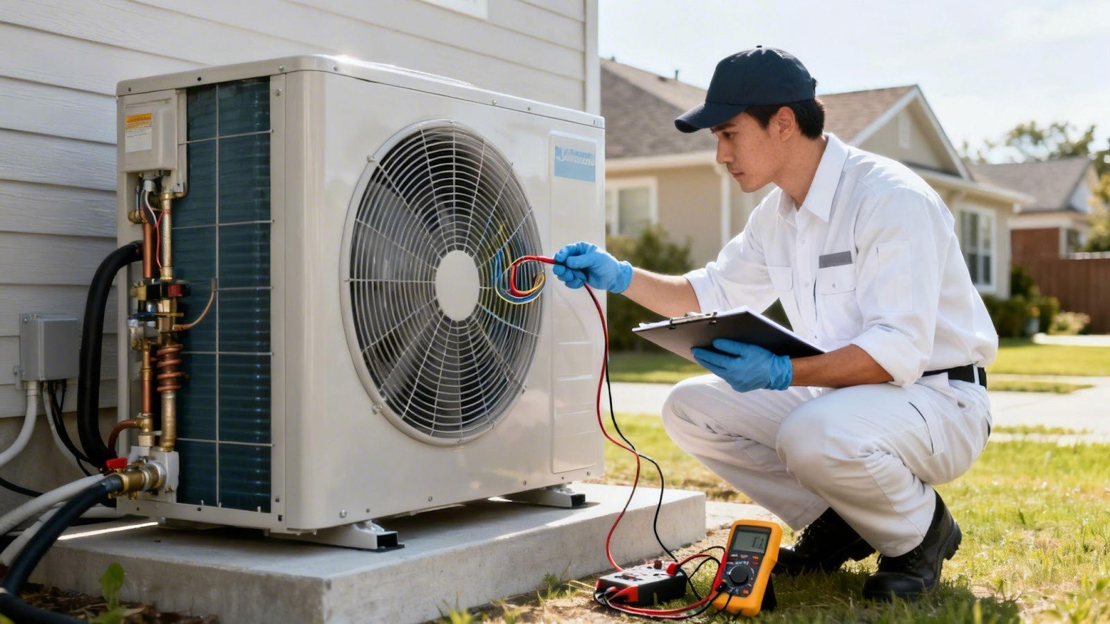 A male HVAC technician in uniform inspecting an outdoor heat pump unit with a multimeter and clipboard.