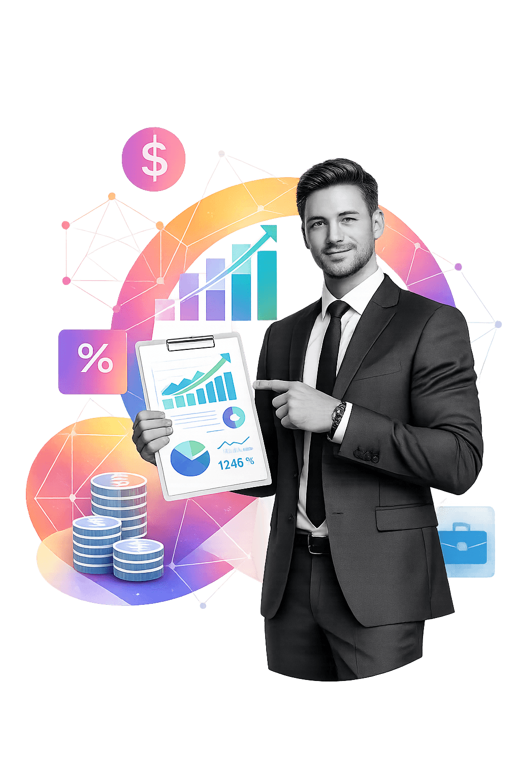 Man in suit holding Financial Chart Sheet