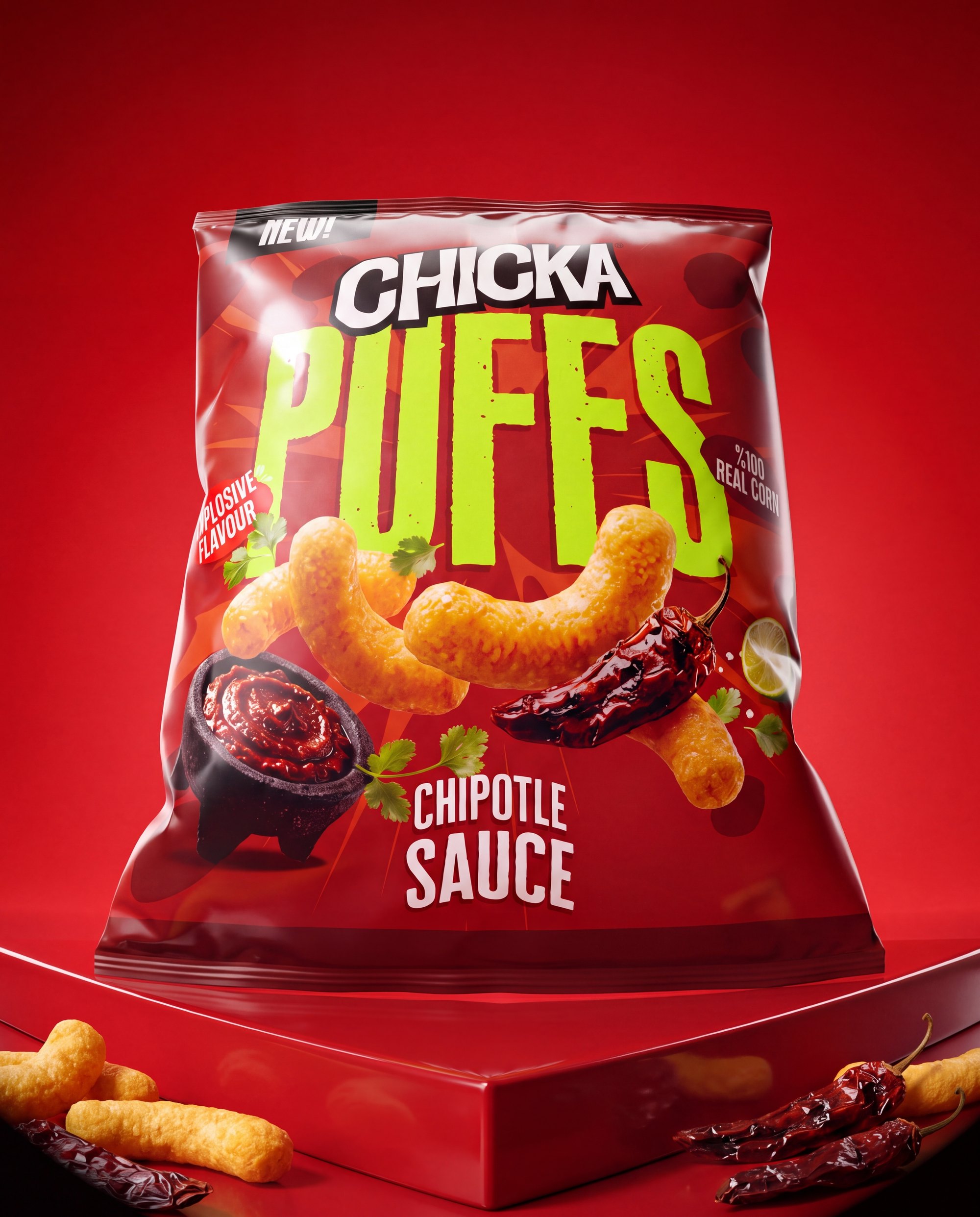 A dark red Chicka Puffs Chipotle Sauce pack on a red plinth with dried chillies