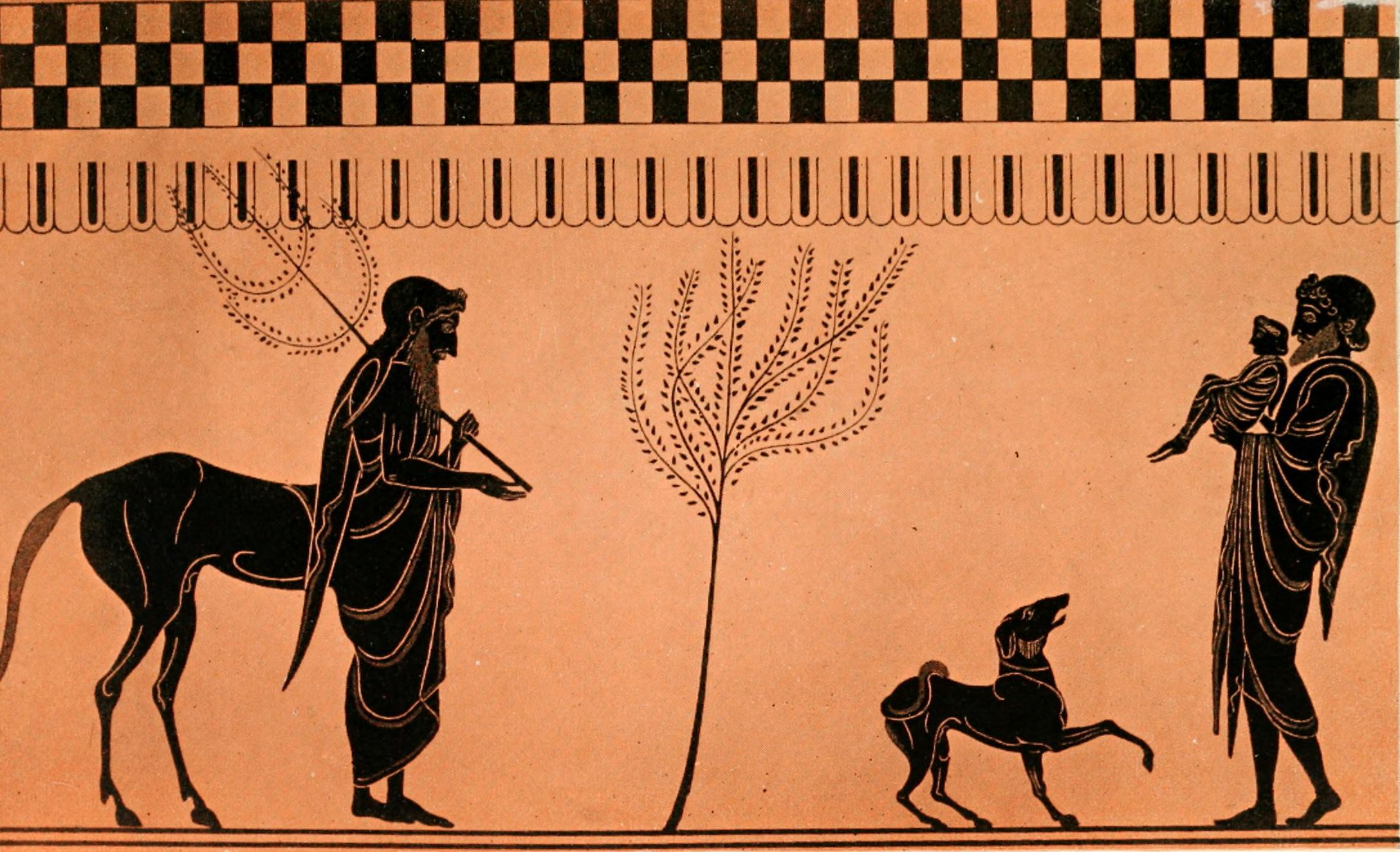 From Golden Porch, a book of Greek fairy tales, Chiron, Peleus and infant Achilles.