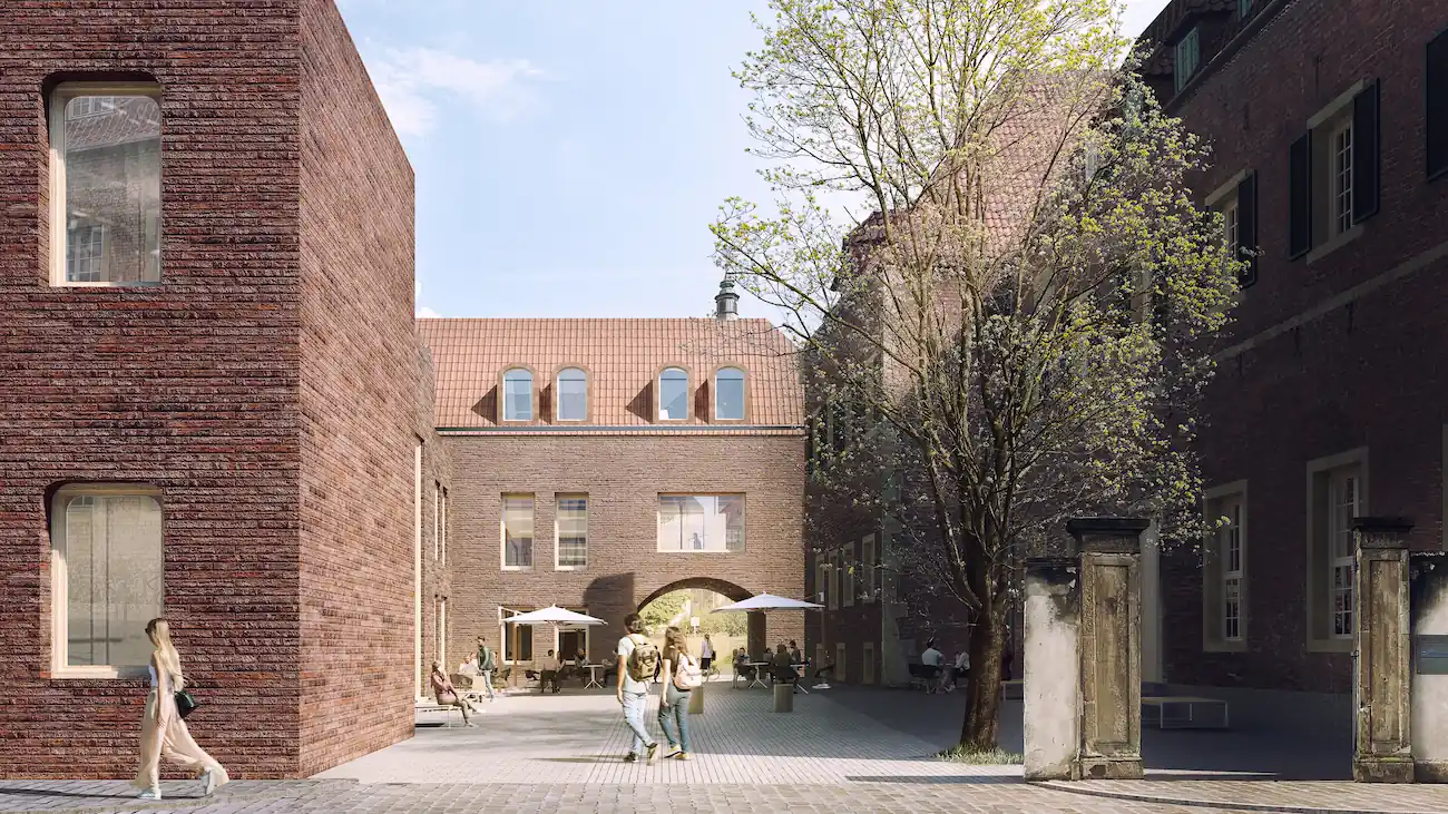 Isometrische Zeichnung eines Bauprojekts mit mehreren Gebäuden und markierten Strukturen in Rot