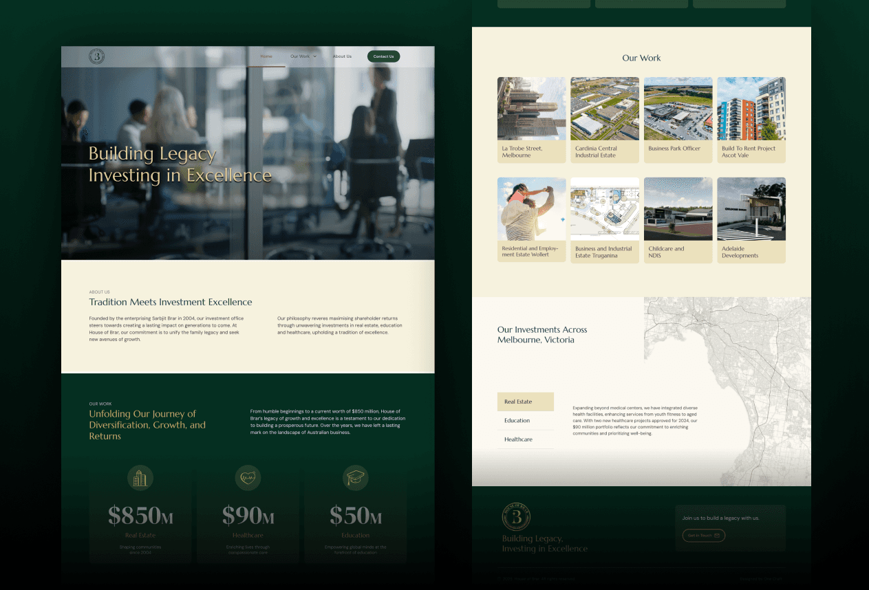 House of Brar website pages showing 'Building Legacy, Investing in Excellence' hero with professional office setting, 'Tradition Meets Investment Excellence' founding story, portfolio metrics displaying $850M in Real Estate, $90M in Education, and $50M in Healthcare investments, 'Our Work' portfolio grid featuring 8 Melbourne property projects including La Trobe Street apartment development, Cochlear Central Industrial Estate, Ballarat Park Office, and Adelaide developments, and 'Our Investments Across Melbourne, Victoria' map visualization