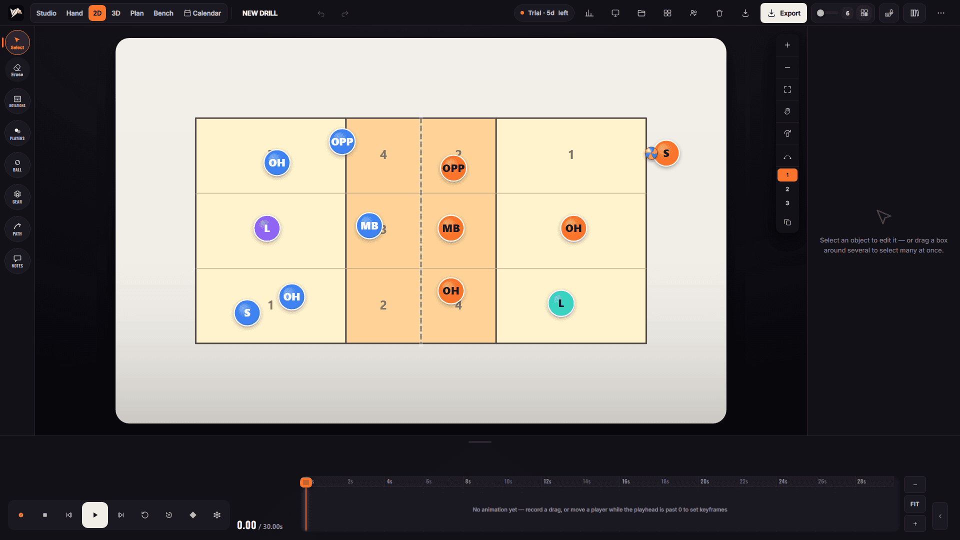Court setup and coloured zones in the real 2D editor