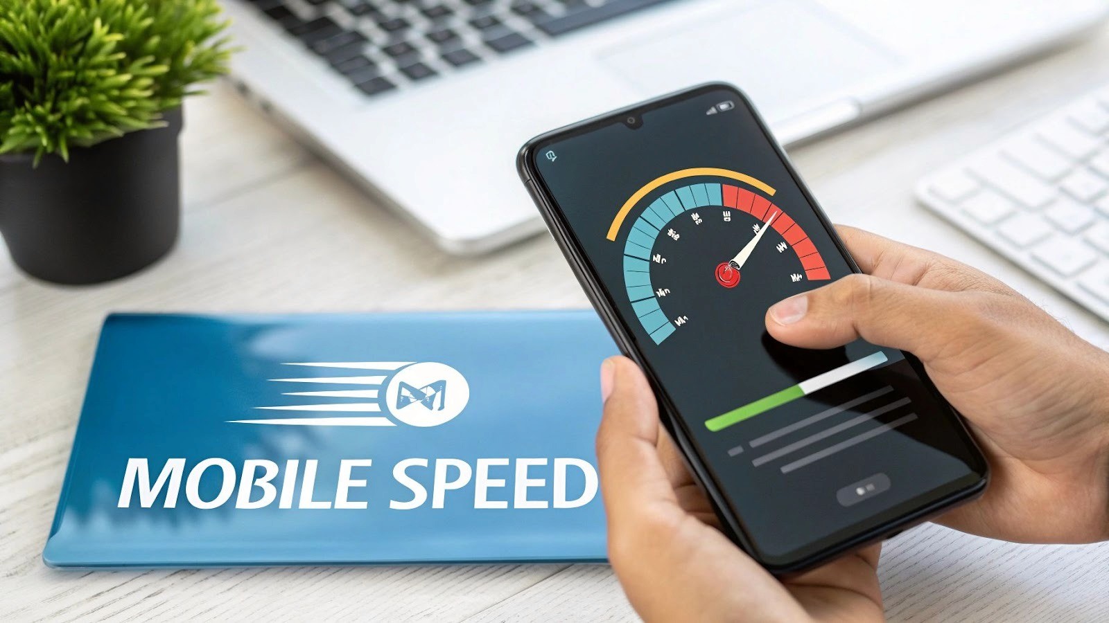 A hand holds a smartphone showing a high-speed internet test, next to a tablet with 'MOBILE SPEED' text.
