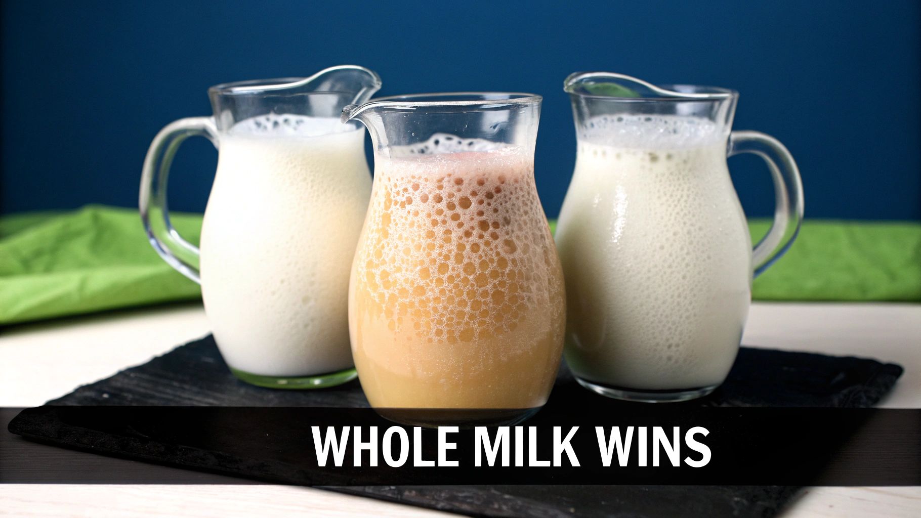 Three glass pitchers with foamy white and orange milk drinks on a dark board, 'WHOLE MILK WINS' text.