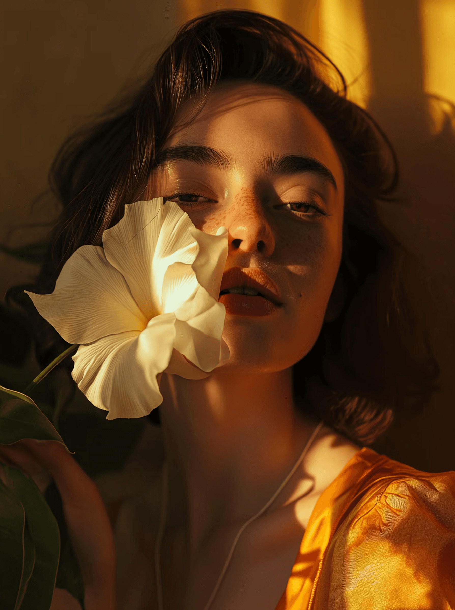 A woman with dimly lit features stands holding a large, white flower partially obscuring her face, set against a backdrop of warm, golden lighting that accentuates her youthful, serene expression.