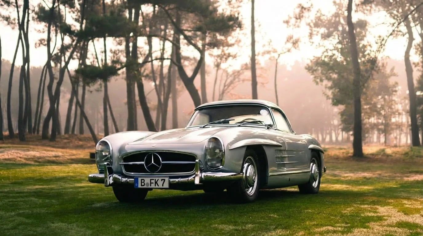 Mercedes 300SL Oldtimer auf Wiese im Morgennebel – Allgefahren-Kasko für Klassiker