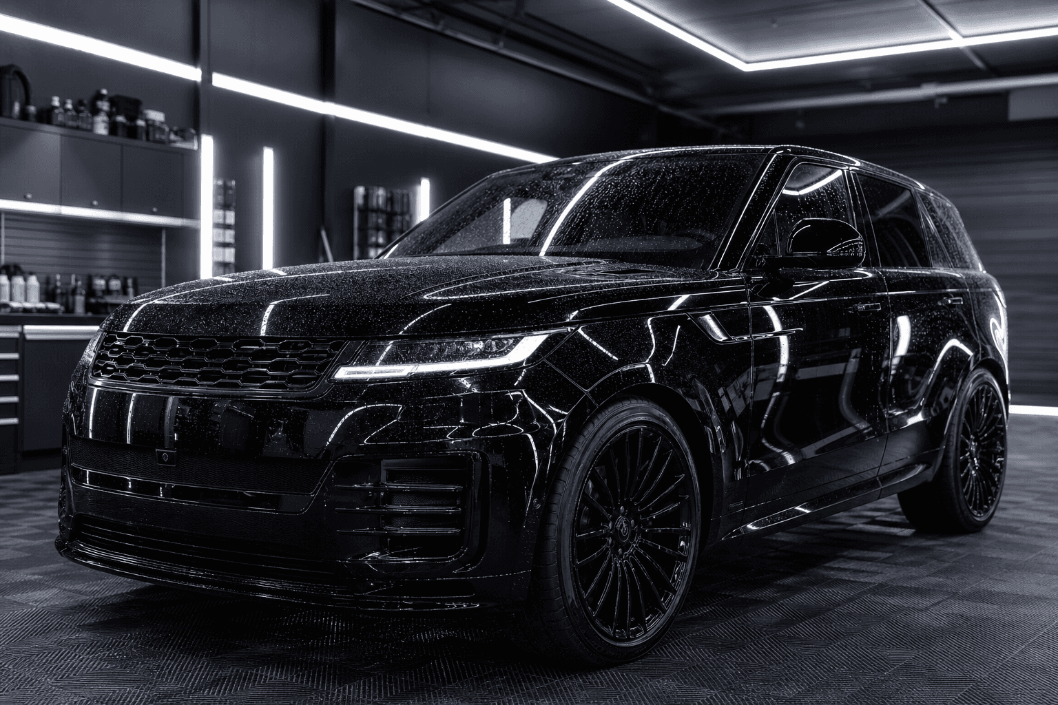 Ceramic-coated luxury SUV with a mirror-gloss finish in a dark detailing bay