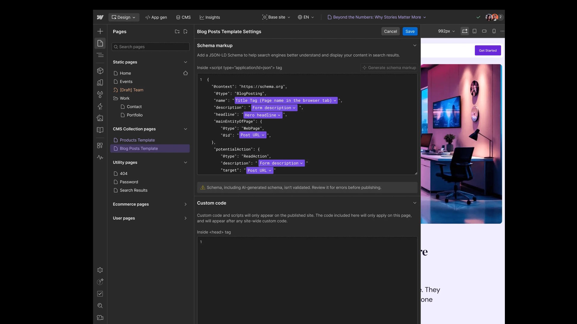 Webflow Blog Posts template settings with a JSON-LD schema markup field, CMS fields such as the title tag and post URL bound into it, and a note that AI-generated schema isn’t validated