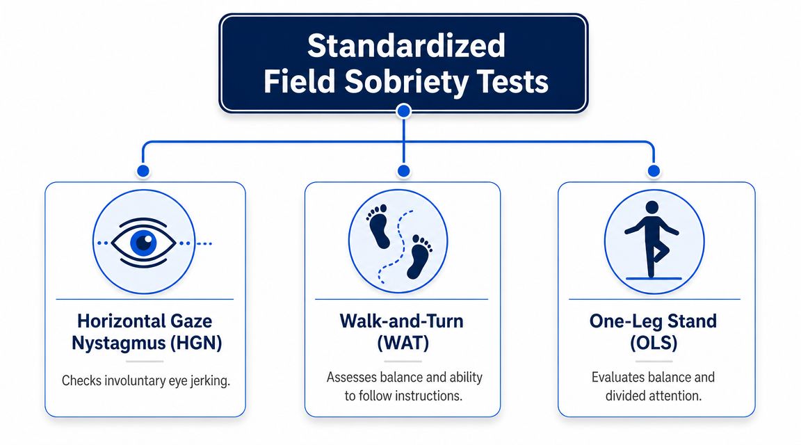 An infographic showing three types of standardized field sobriety tests: horizontal gaze nystagmus, walk-and-turn, and one-leg stand.