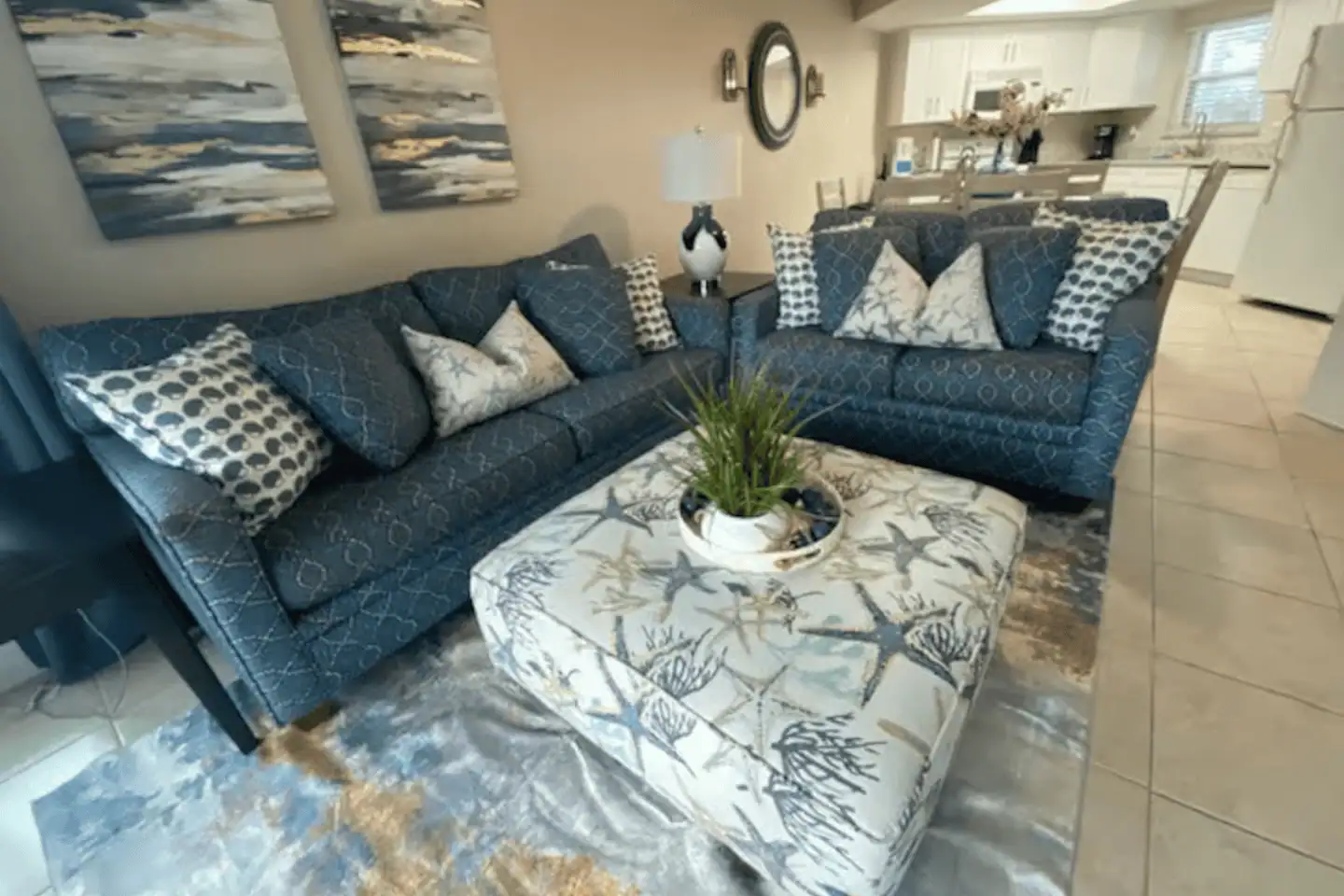Coastal living room at beachfront condo in St. Pete Beach