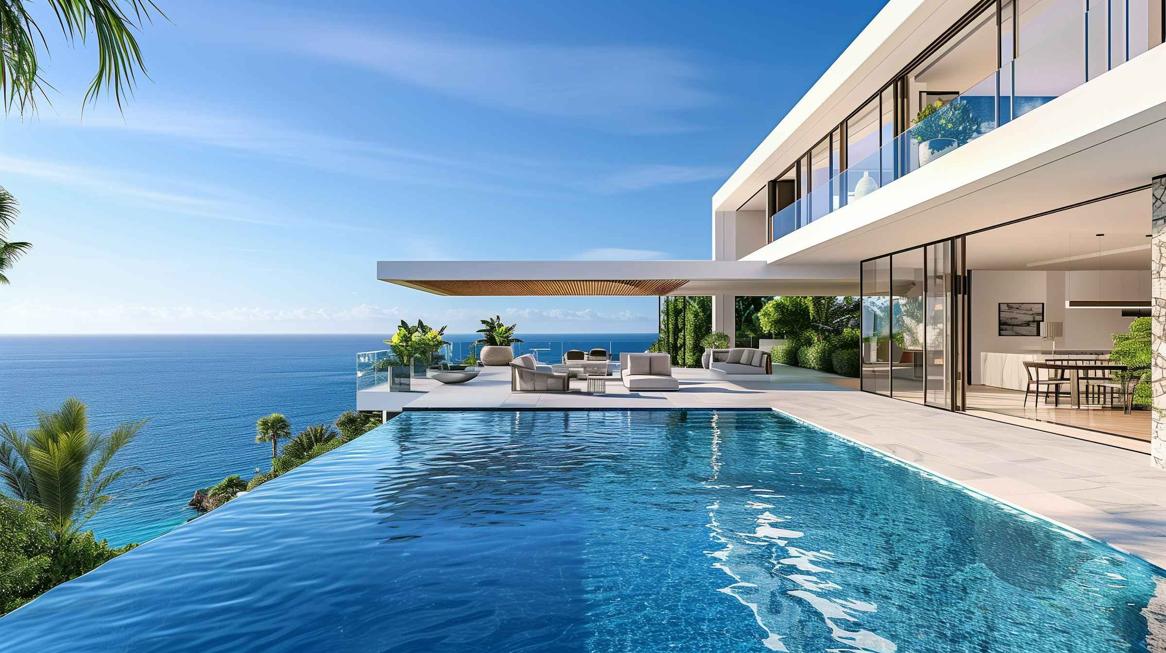 A modern house near the coast with and inifinity pool surrounded by the blue ocean