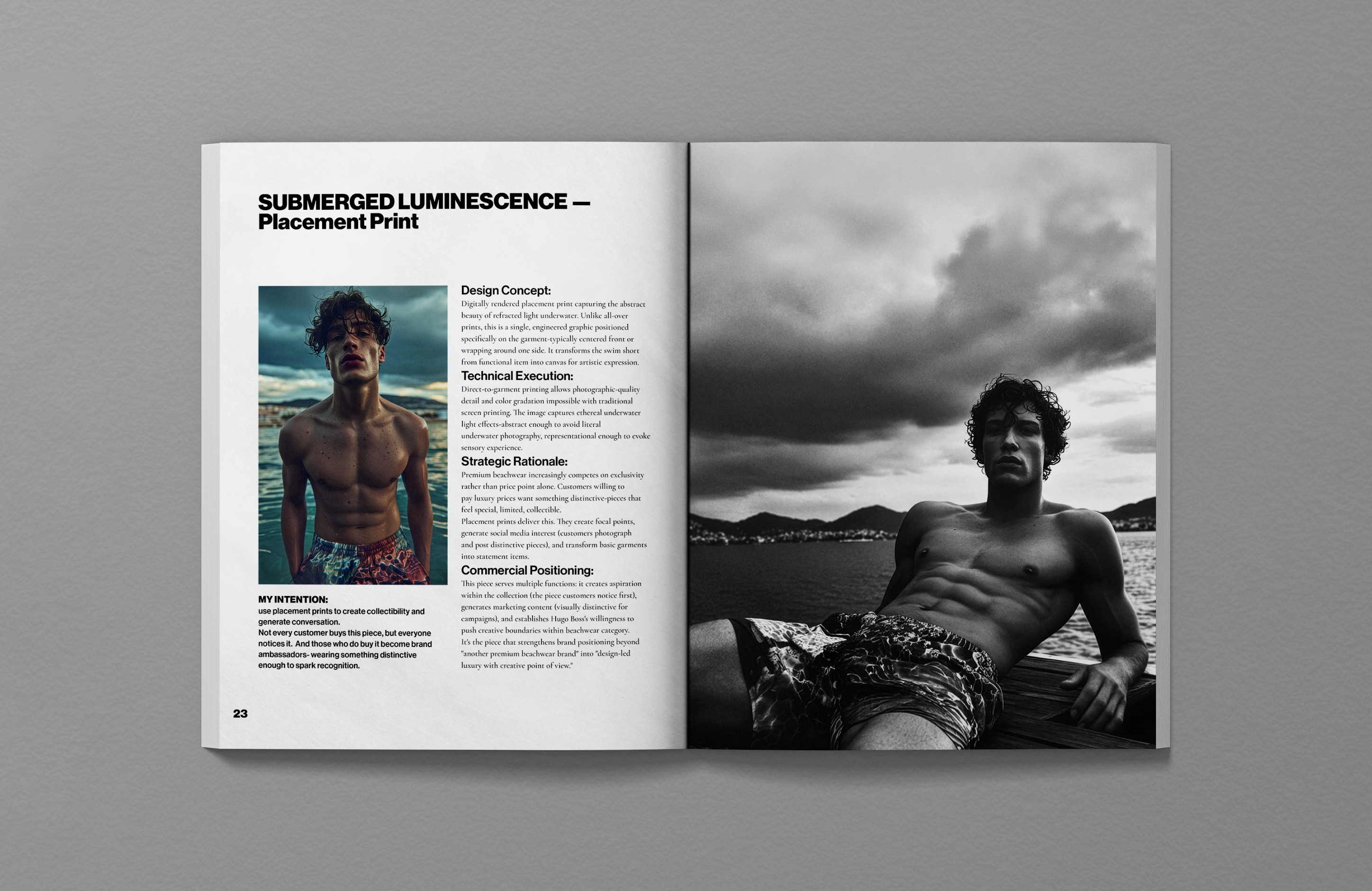 Hugo Boss SS26 editorial spread, Submerged Luminescence Placement Print development, model in placement print swim shorts with technical execution text