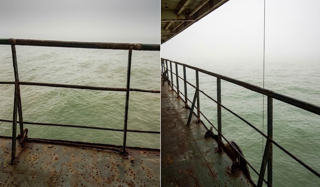 Parted and dented railing at stbd side — After repair.