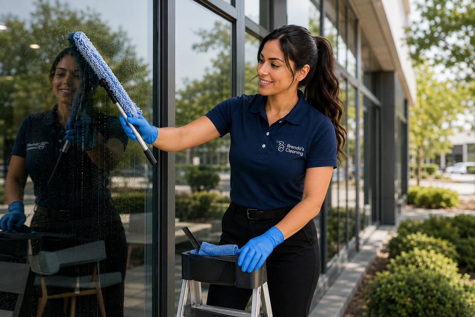 A smiling commercial window cleaning professional with Brenda's Cleaning service using a blue and white microfiber washer sleeve on a handheld T-bar tool to scrub large exterior glass windows. Dressed in a branded navy blue uniform polo shirt, black work pants with a belt, and blue protective gloves, she stands safely on a step ladder to apply soapy cleaning solution. The scene demonstrates professional commercial window washing, building maintenance, and property janitorial services along a corporate office building facade with her reflection clearly visible in the glass windowpane.
