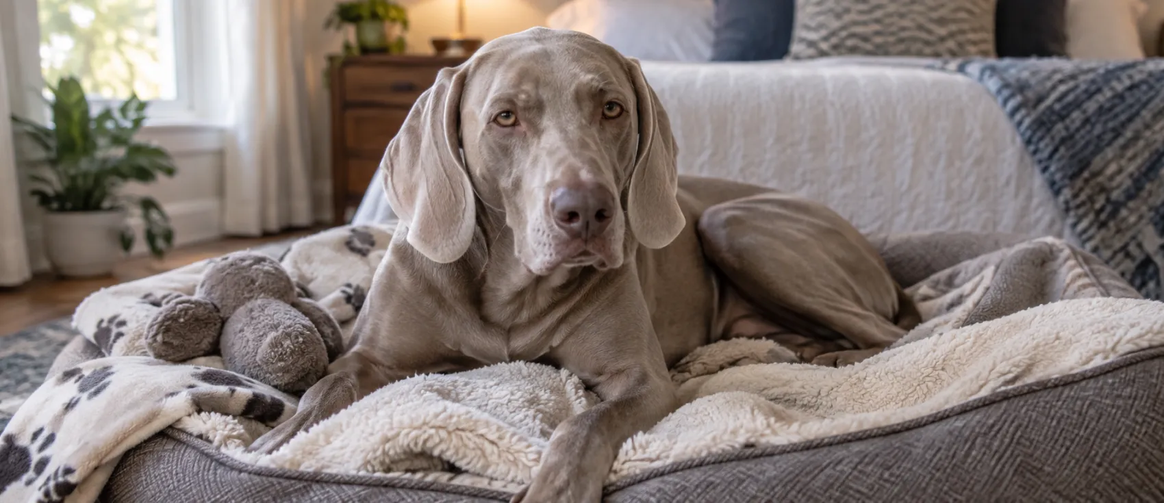 A Weimaraner lies quietly on a sofa, appearing subdued.