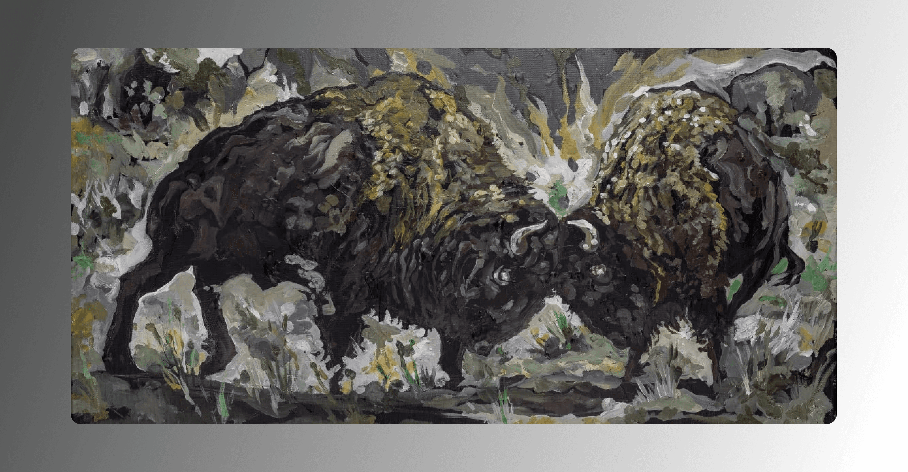 A picture of the painting titled, "Hierarchy," picturing two buffalo butting heads amidst an abstract green and grey backgorund.