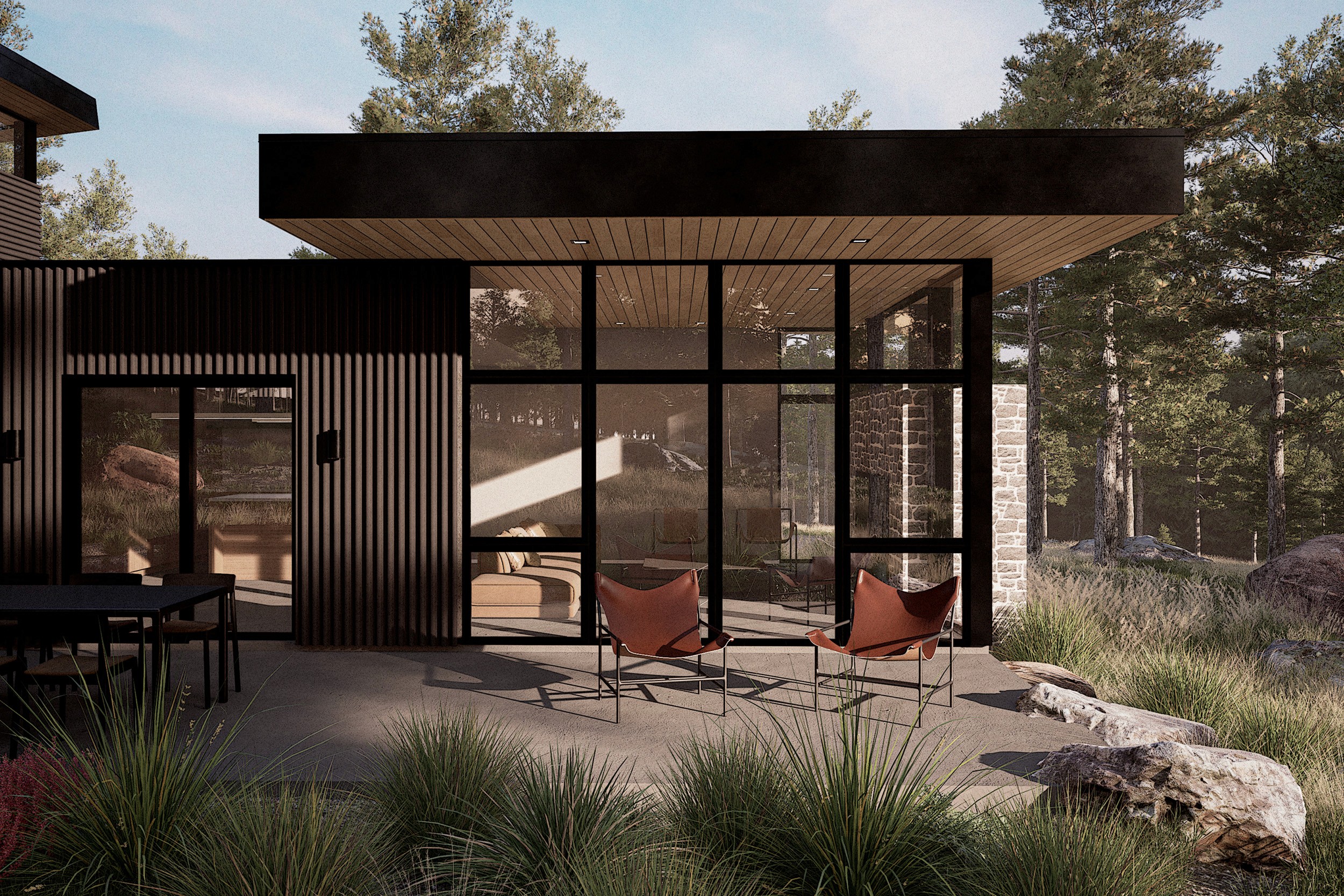 Exterior straight on view of a black corrugated metal siding wall with large floating flat roof covering a patio an glass wall looking into a living room.