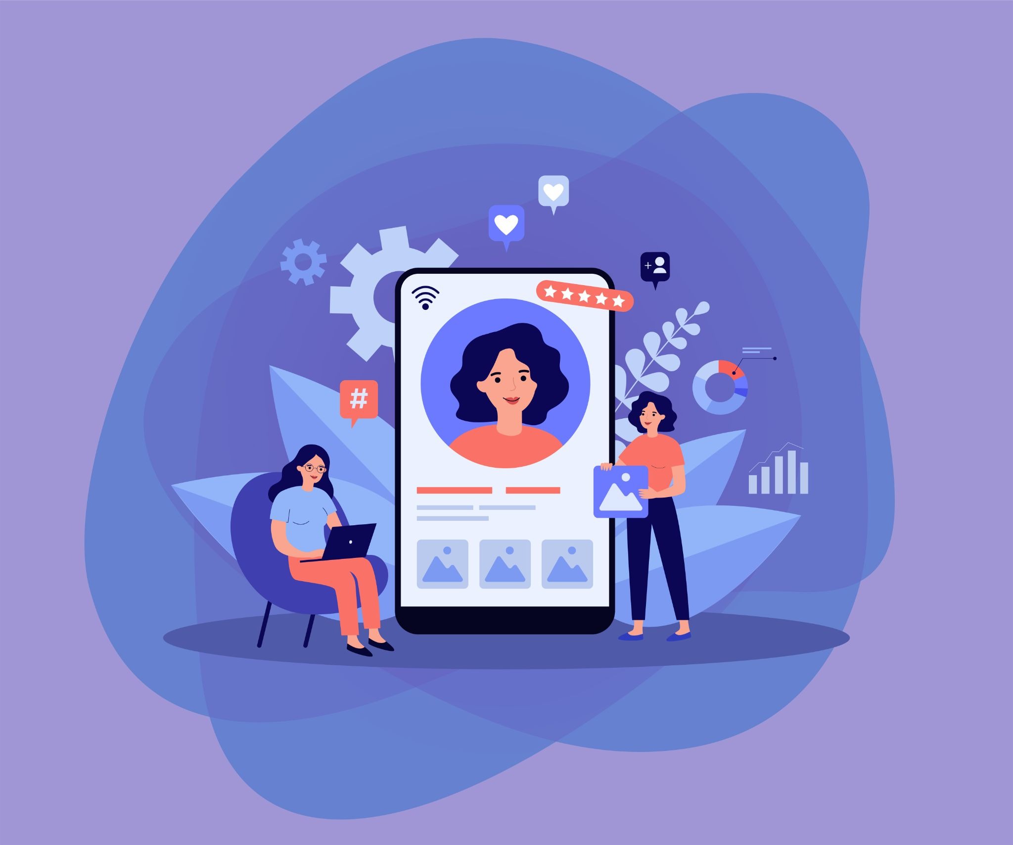 Illustration of a team vetting a creator profile with ratings and performance analytics