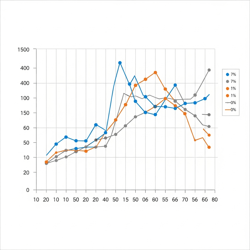 A clean, modern line graph visualization showing multiple data points connected by lines on a coordinate system, with clearly visible x-axis and y-axis, data points marked as dots, connecting lines showing trends, and a color-coded legend on the side. The graph should display upward and downward trends with multiple colored lines (blue, orange, gray) representing different data series. Professional business analytics style with gridlines and axis markers. No text or labels.