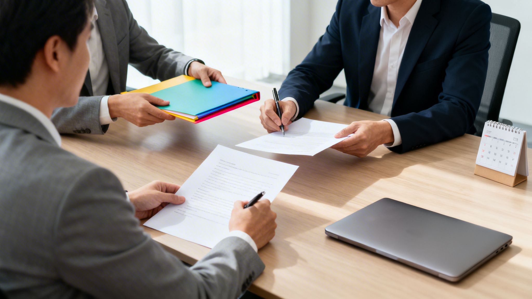 Tre affärsmän i kostym skriver under dokument och utbyter mappar vid ett skrivbord. En laptop och kalender syns.