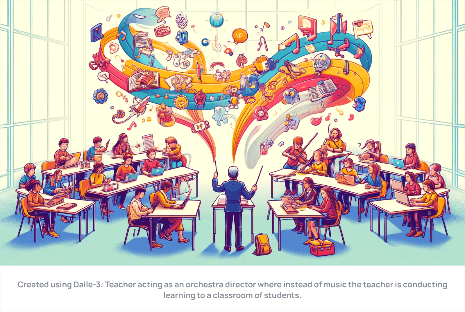 Created using Dalle-3: Teacher acting as an orchestra director where instead of music the teacher is conducting learning to a classroom of students.