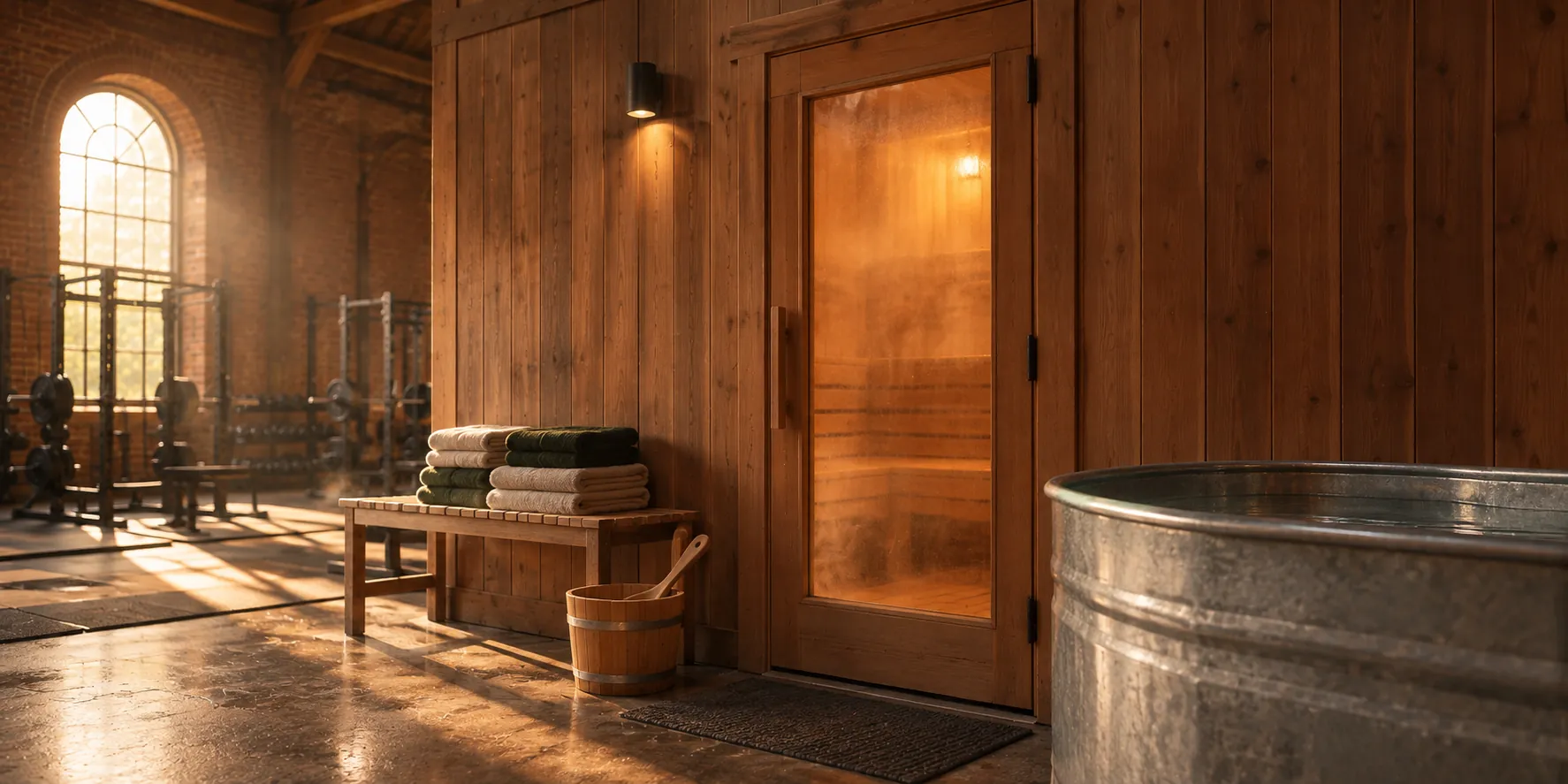 The sauna door and fresh towels beside the lifting floor