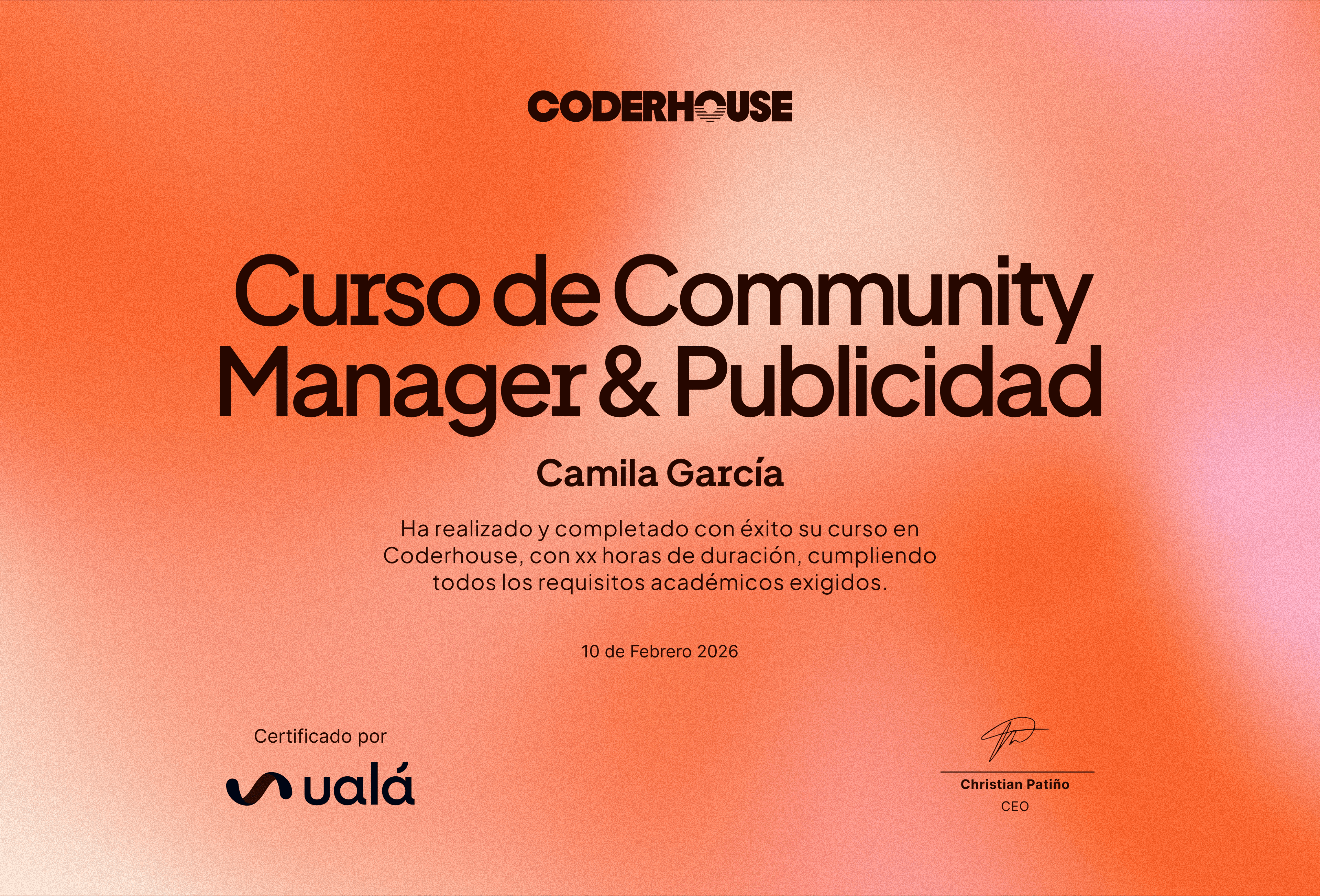 Ejemplo de certificado de Coderhouse para el curso de Community Maneger & Publicidad avalado por Ualá.