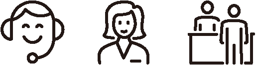 Line art of customer service representative, female employee, and two people at a desk