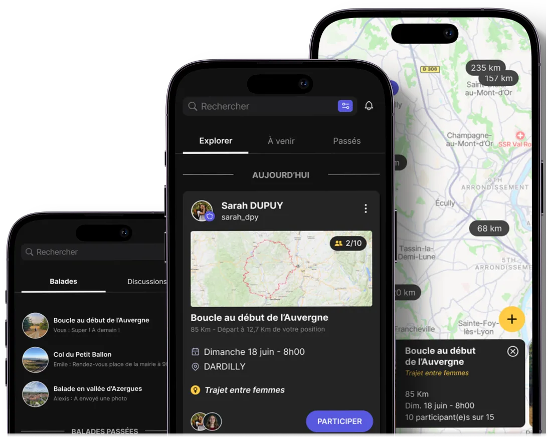 Interface de l’application moto On Wheels avec liste de balades, carte interactive et aperçu des trajets