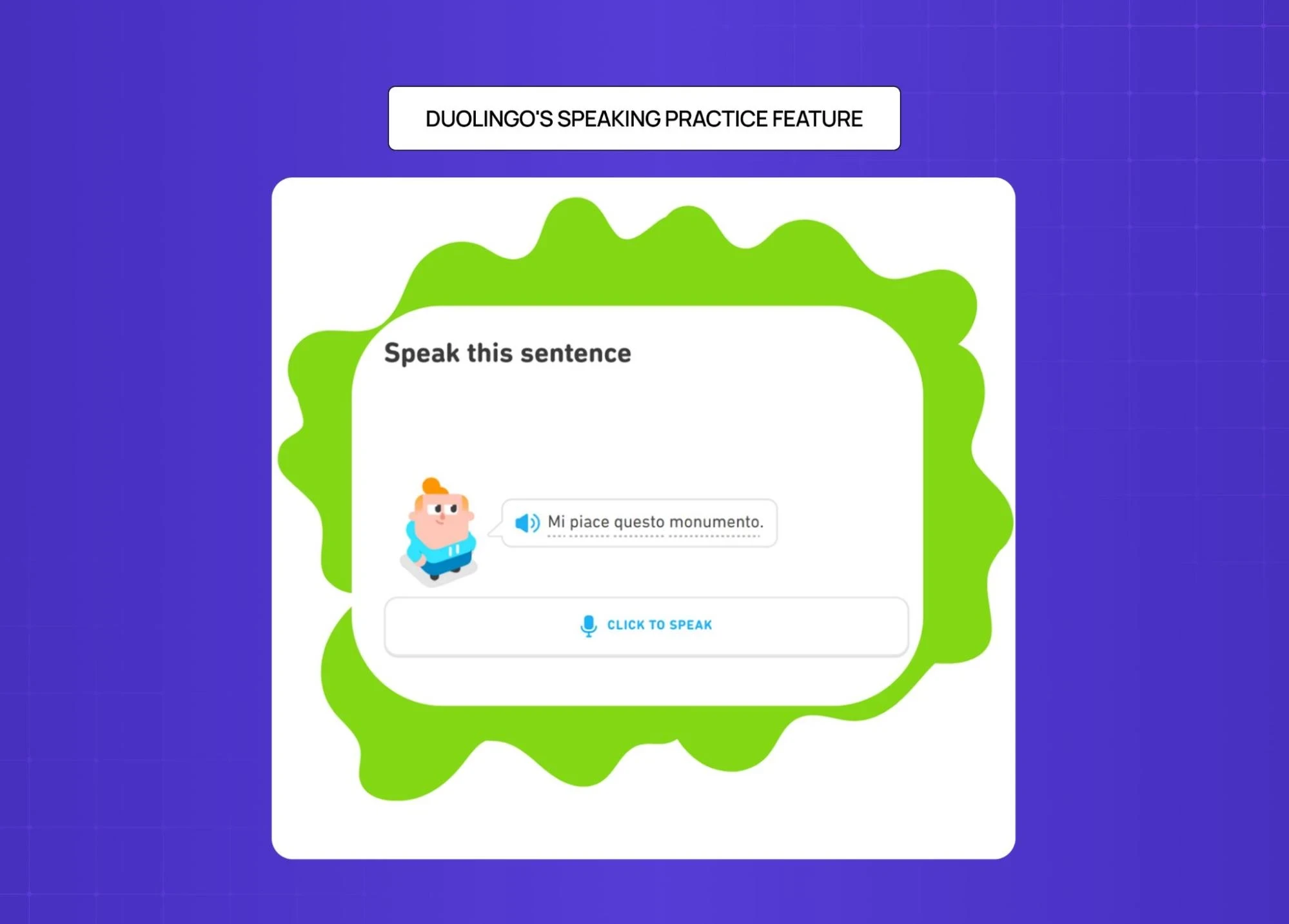 Duolingo speaking exercise screen prompting users to speak a sentence with voice input interaction. 