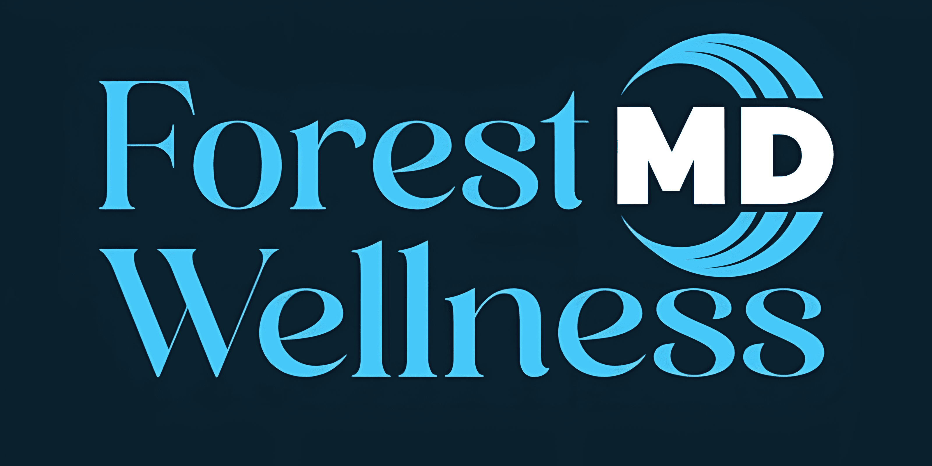 Forest Wellness MD logo featuring a modern font with a stylized 'MD' and a wave-like design in blue and white.