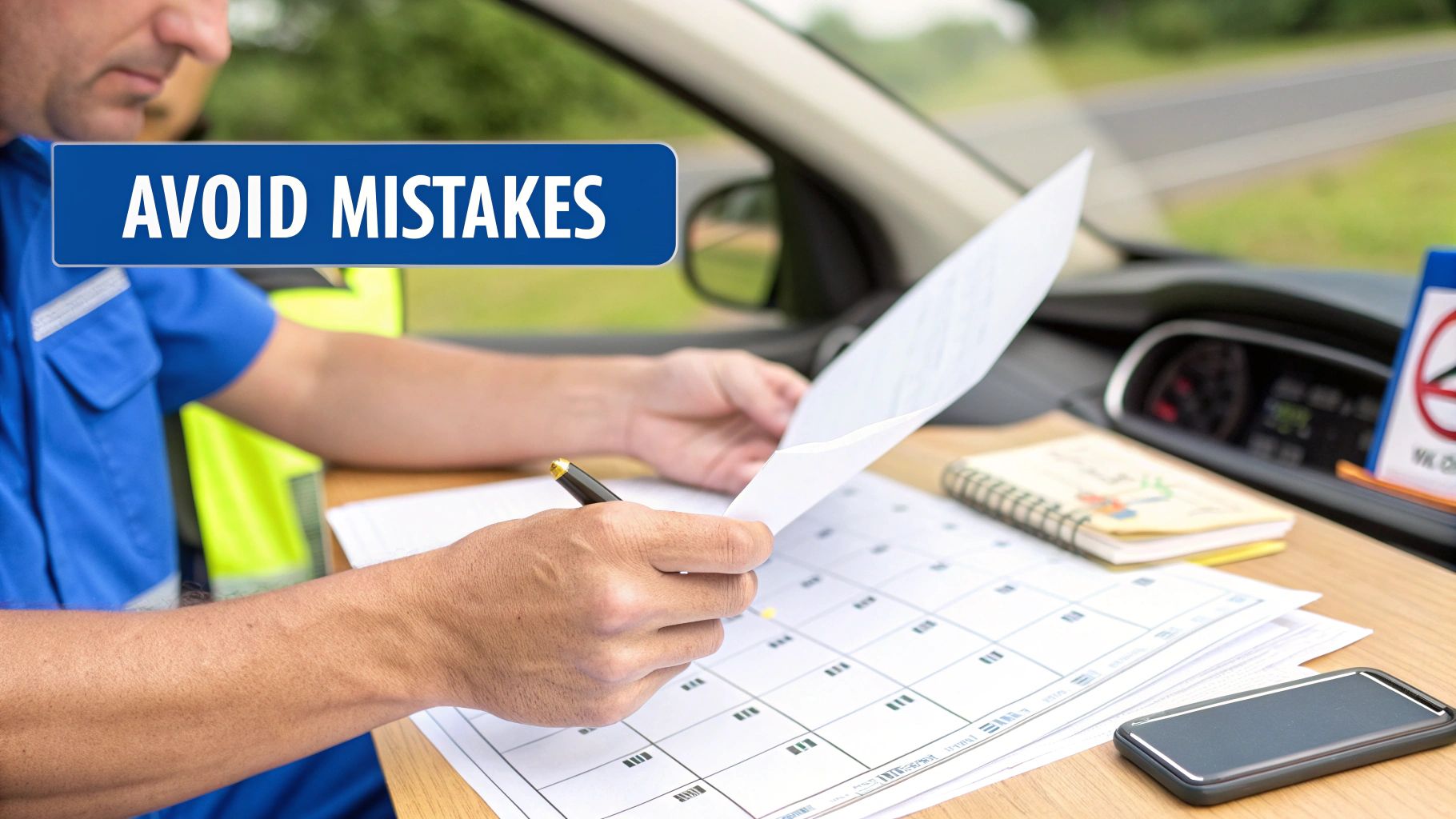 A person in a vehicle carefully reviewing papers and a schedule to avoid mistakes.