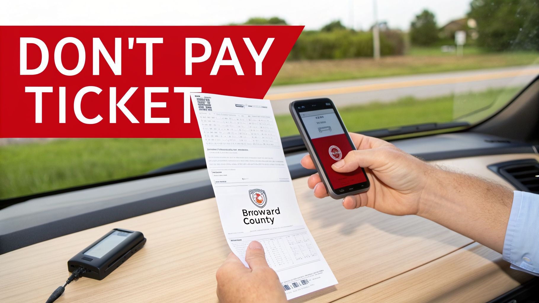 Person holding a Broward County traffic ticket and smartphone, with a red banner saying 'DON'T PAY TICKET'.