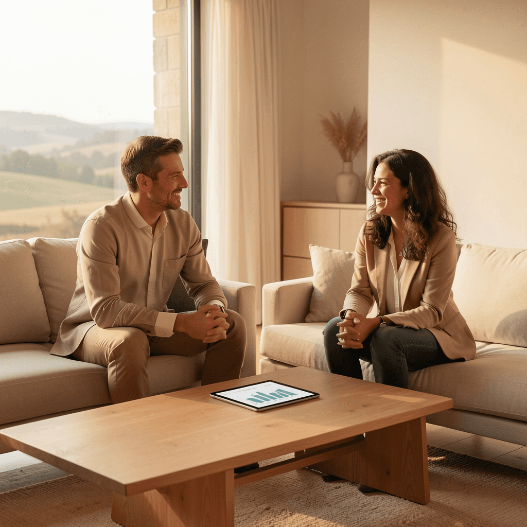 Corretora de imóveis apresentando imóvel para comprador. pata