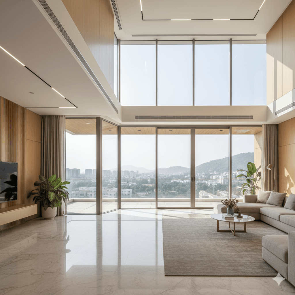 Double-height living area with large floor-to-ceiling windows and ample natural light, M3M luxury project