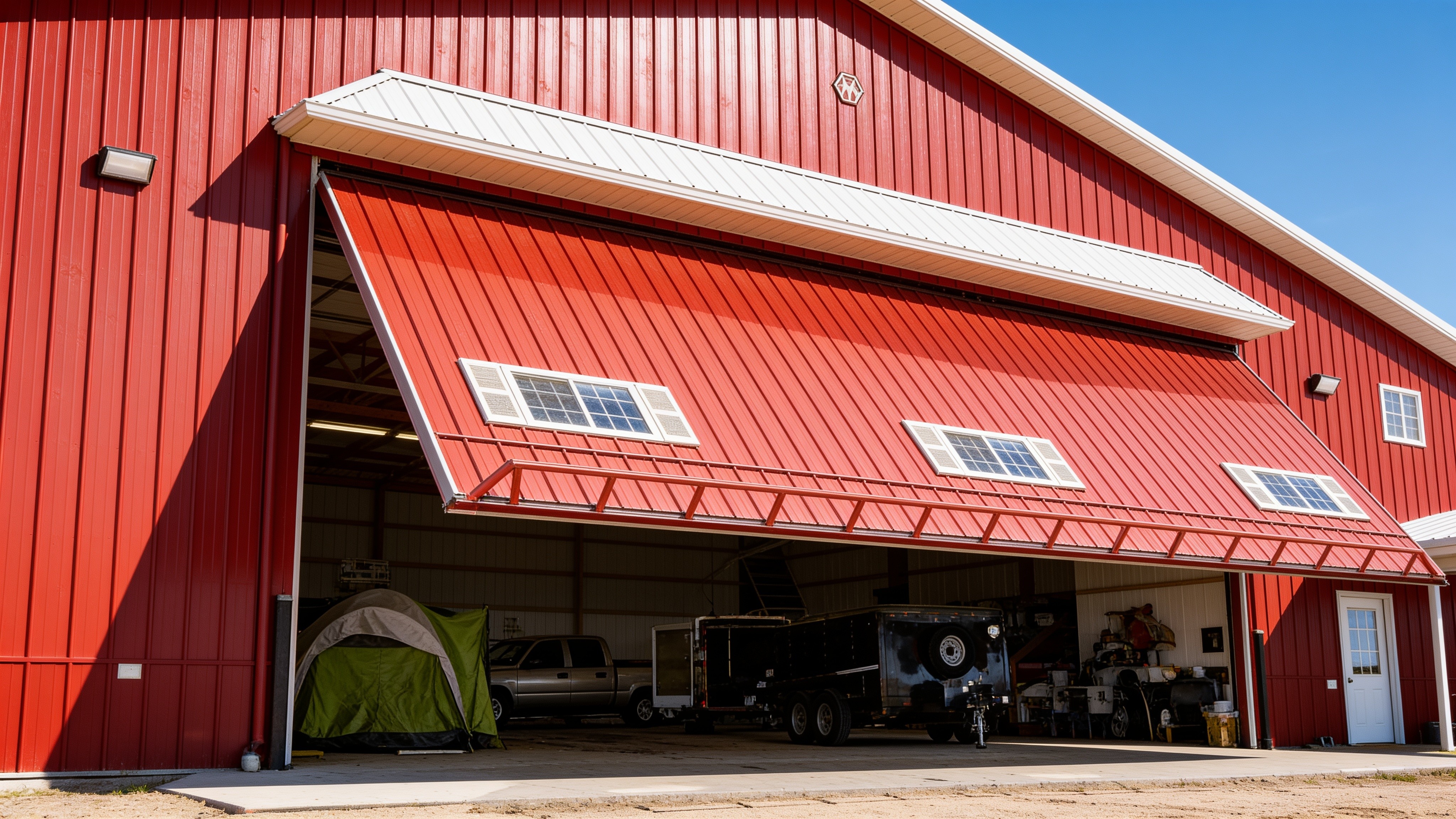 20-foot by 16-foot single-panel hydraulic door on a red metal farm shop