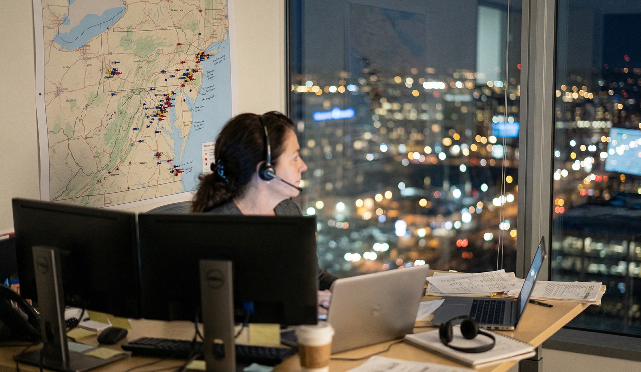 executive looking out over night city