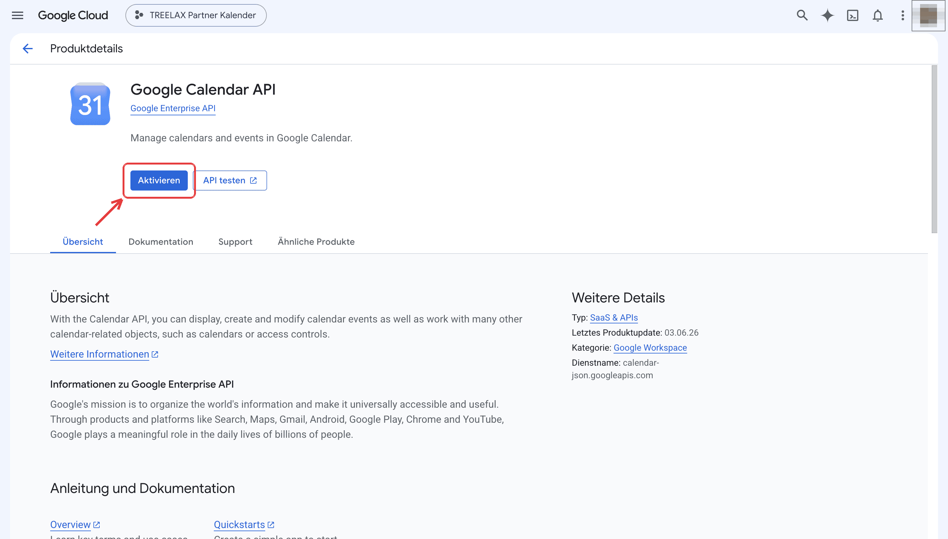 Google Calendar API aktivieren