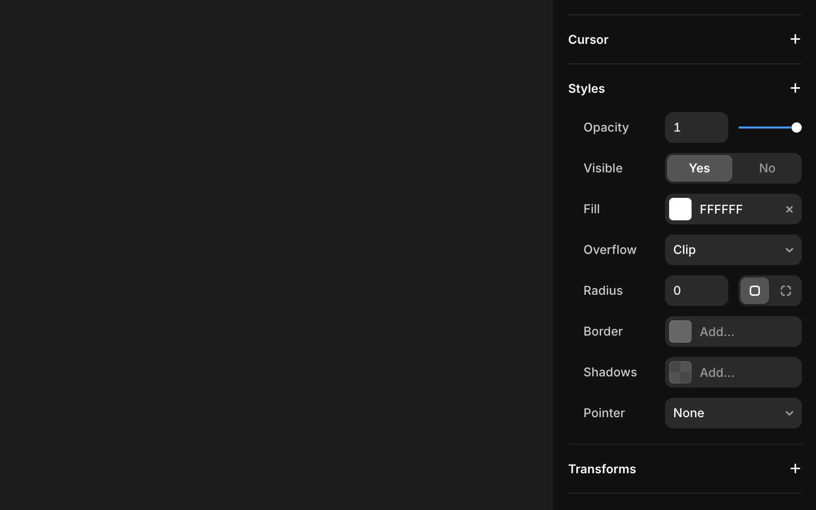 Screenshot of Framer's Properties panel showing style settings. The Pointer property is visible at the bottom of the panel with "None" selected from the dropdown menu. Above it are other style properties including Opacity, Visible (set to "Yes"), Fill (set to "F2F2F2"), Overflow (set to "Hidden"), Radius, Border, and Shadows. The panel has a dark theme interface with white and gray text.
