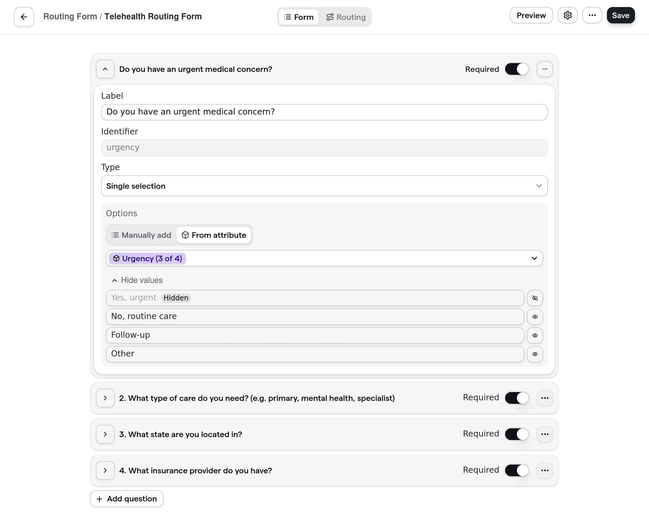 Telehealth routing form showing patient-focused questions and required fields for healthcare scheduling.