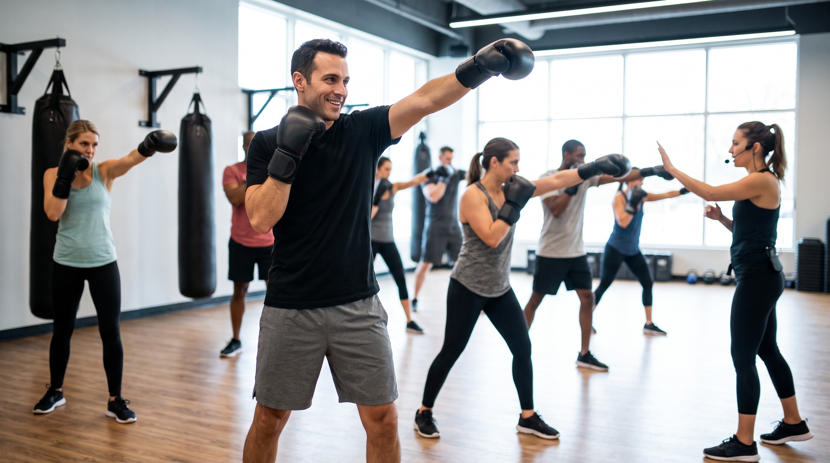 Partecipanti a una lezione di Fit-Boxe in palestra eseguono combinazioni in sicurezza