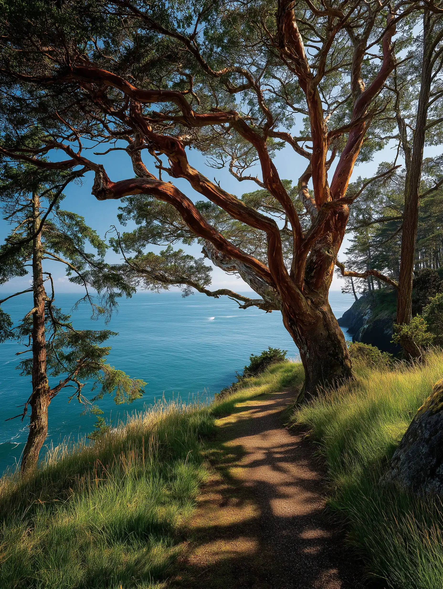 An arbutus tree arcing over a coastal path