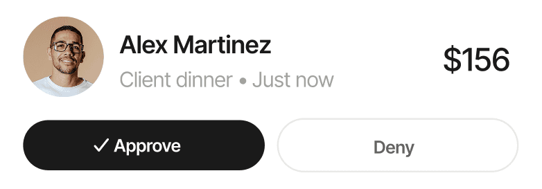 Alex Martinez expense for $156 for client dinner with Approve/Deny buttons.
