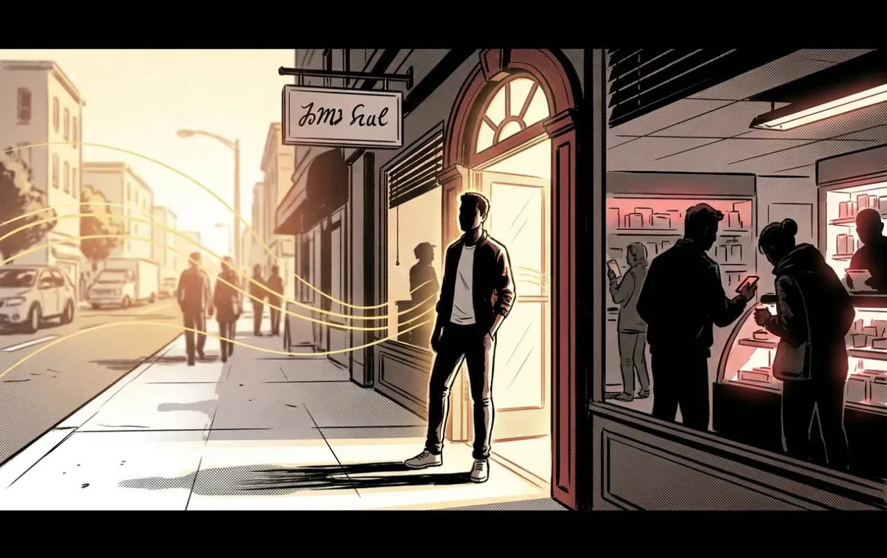 Man standing outside RockN' Socials, a Digital Marketing Agency, city street scene.