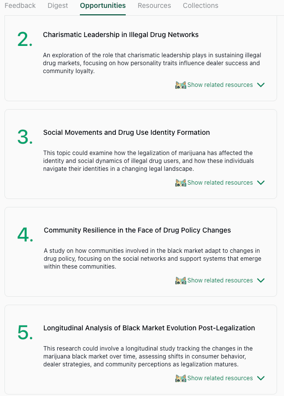 The thesify Opportunities tab displaying a numbered list of original research directions, such as Charismatic Leadership in Illegal Drug Networks and Social Movements.