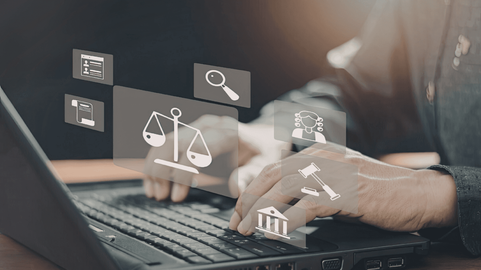 person typing on laptop with legal automation symbols above keyboard