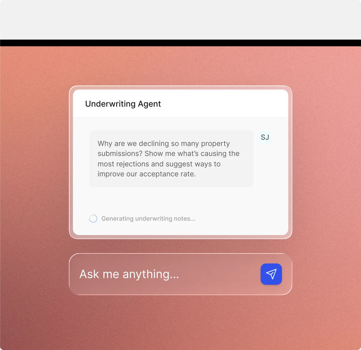 hx Underwriting Agent chatbot window showing prompt asking how to improve property submission acceptance rate.
